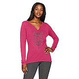 Hanes Women's Split Neck Graphic Long Sleeve Tee, Glitter owl/deep Raspberry Heather, Small View 2