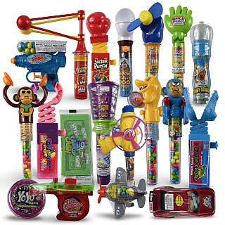 Fun Candy With Built-In Toys Box | 15 Retail-Size Functional Toy Candy Items | Box Varies | Includes Grinders, Cars, Fans, Clackers & More - Specialty Snack by TRIBECA CURATIONS
