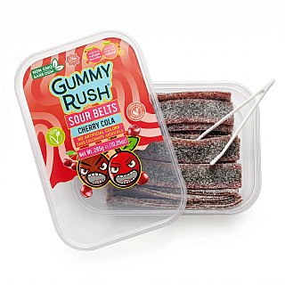 Gummy Rush Sour Belts, 10oz Container, Non GMO, Real Fruit Juice, No Artificial Colors, Top 6 Allergen Free | Cherry Cola - Specialty Snack by Gummy Rush