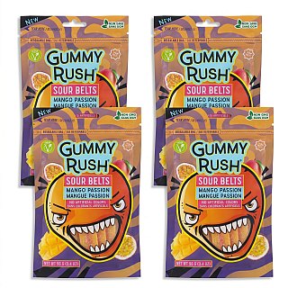 Gummy Rush Sour Belts, 3.4oz Bag, Non GMO, Real Fruit Juice, No Artificial Colors, Top 6 Allergen Free | Mango Passion - Specialty Snack by Gummy Rush