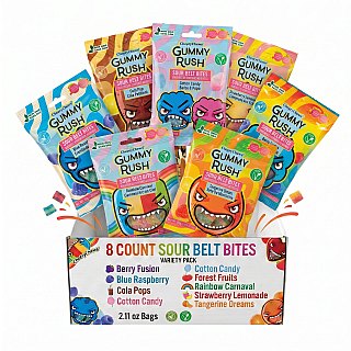 Gummy Rush Sour Belts Variety Pack | 8 Unique Flavors, Non GMO, Real Fruit Juice | Cola Pops, Strawberry Lemonade, Tangerine Dreams & More - Specialty Snack by Gummy Rush