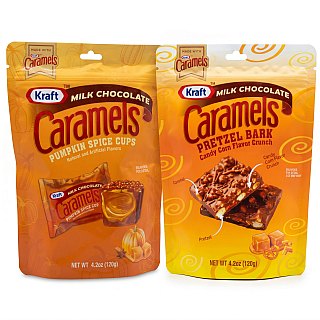 Kraft Caramels Fall Candy 2 Pack Variety | Pretzel Bark Candy Corn Crunch & Pumpkin Spice Caramel Cups | 4.2 oz Bags - Specialty Snack by Kraft