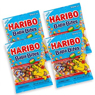 NEW Balla Bites Gummy Candy, Chewy & Soft, 4 Pack, 4.5 oz Share Size Bags - Specialty Snack by Haribo