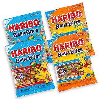 NEW Balla Bites Gummy Candy, Chewy & Soft, 4 Pack, 4.5 oz Share Size Bags | Original & Sour Variety Pack - Specialty Snack by Haribo