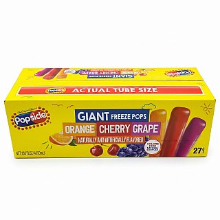 Popsicle Giant Freeze Pops, 27 Count Assorted Fruit Flavors, 15+ Inches Long, 5.5 oz Ice Pops, Orange, Cherry & Grape - Specialty Snack by Popsicle