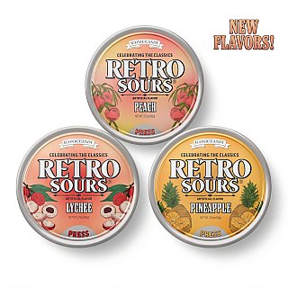 Retro Sours NEW Flavor Trio | Peach, Lychee & Pineapple Sour Hard Candy | 3 Pack - Specialty Snack by Iconic Candy
