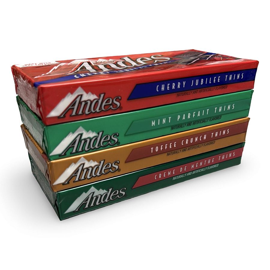 Andes Smooth Mint Chocolates – 28 Piece Boxes, 4 Packs | Toffee Crunch, Mint Parfait, Creme De Menthe and Cherry Jubilee - Specialty Snack by Andes Candies