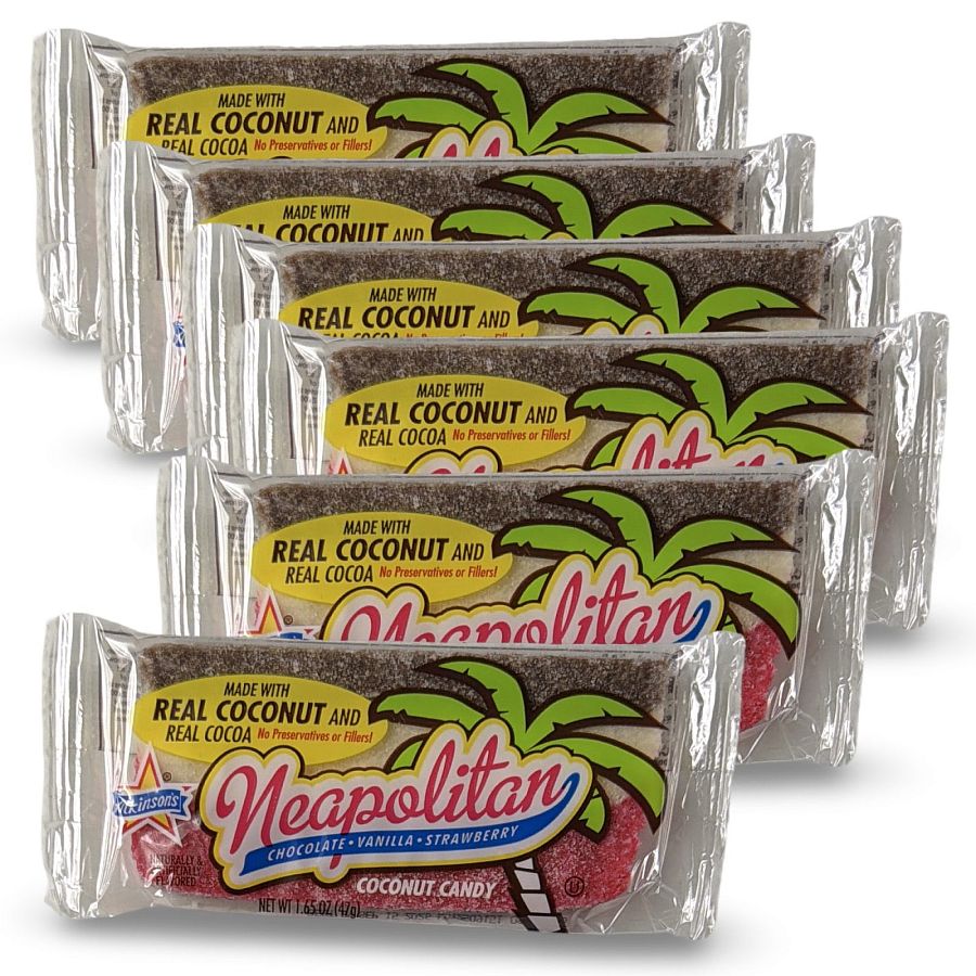 Atkinson’s Neapolitan Chewy Coconut Bars – 1.65 oz Bars, Pack of 6 | Nostalgic Triple-Layer Candy - Specialty Snack by Atkinson's