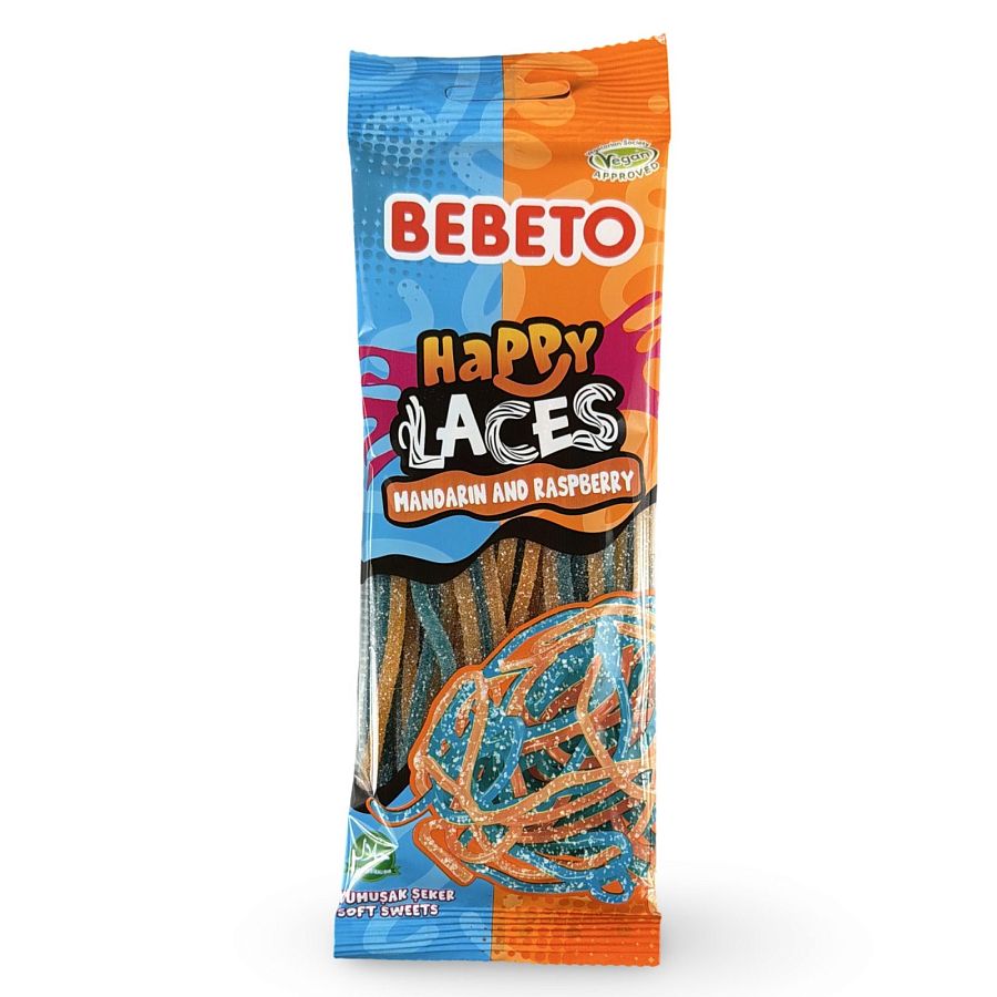 Bebeto Gummy  Happy Laces Mandarin and Raspberry Candy, Halal Certified, 2.65 Oz (Case of 12) - Specialty Snack by Bebeto