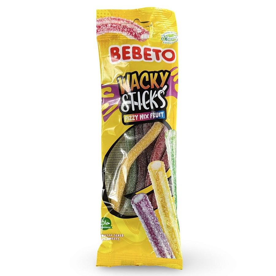 Bebeto Gummy  Wacky Sticks Fizzy Mix Fruit Candy, Halal Certified, 2.65 Oz (Case of 12) - Specialty Snack by Bebeto