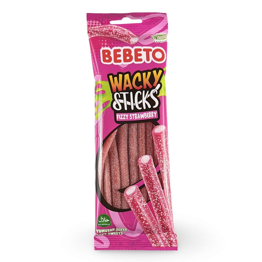 Bebeto Gummy  Wacky Sticks Fizzy Strawberry Candy, Halal Certified, 2.65 Oz (Case of 12) - Specialty Snack by Bebeto