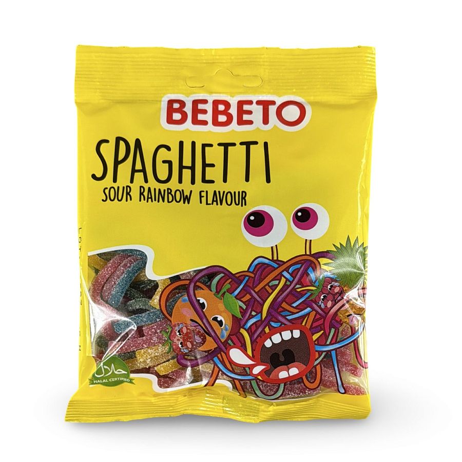 Bebeto Spaghetti Sour Rainbow Flavor Gummy Candy, Halal, 2.8 Oz (Case of 12) - Specialty Snack by Bebeto