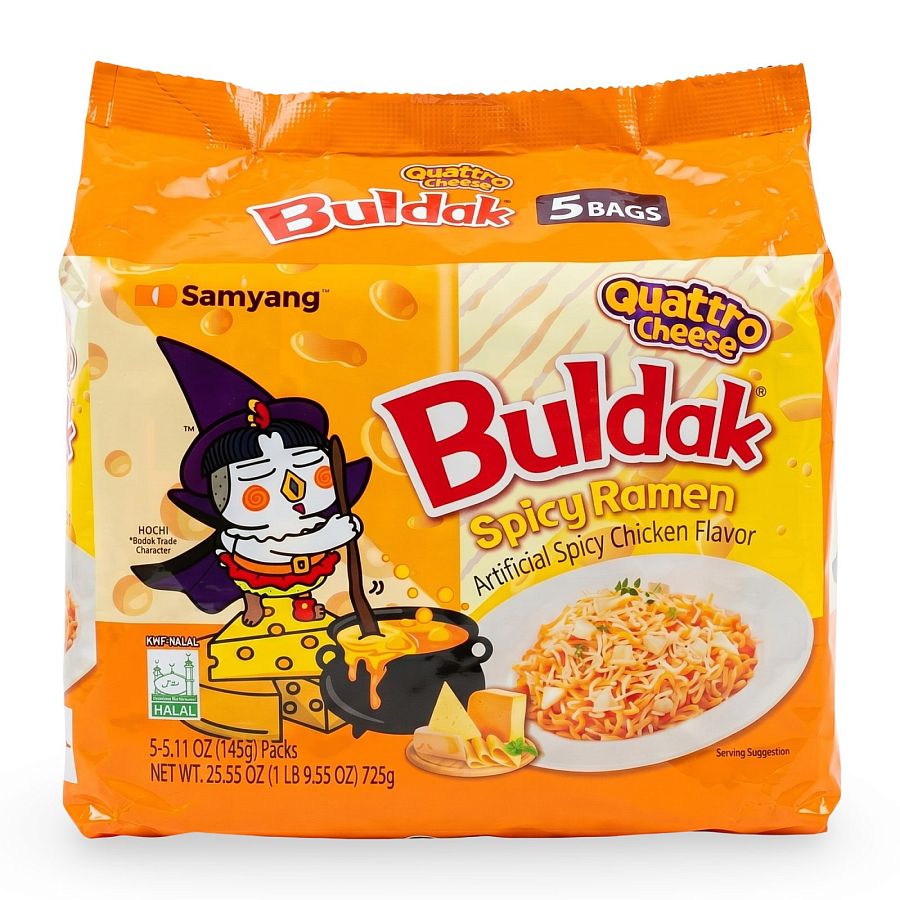 Buldak Spicy Chicken Ramen Korean Instant Noodles, 5 Pack | Quattro Cheese - Specialty Snack by Buldak