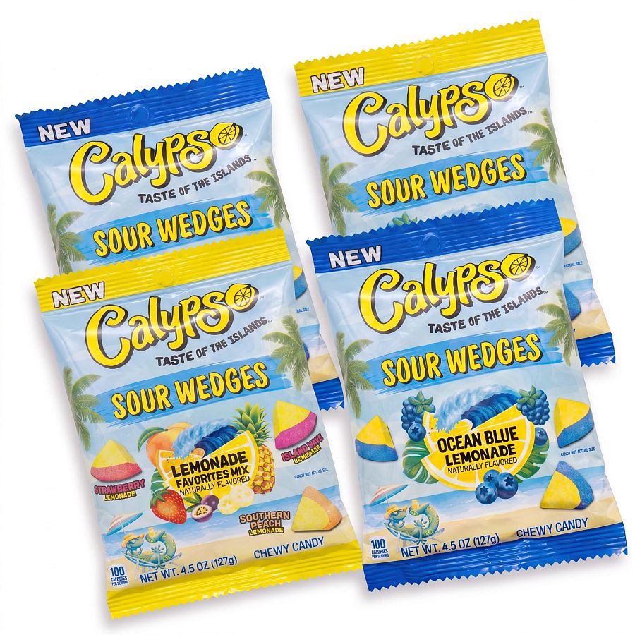 Calypso Sour Wedges Chewy Candy, 4 Pack, Choose Ocean Blue Lemonade, Lemonade Favorites Mix or Variety Pack, 4.5 oz Bags - Specialty Snack by Calypso