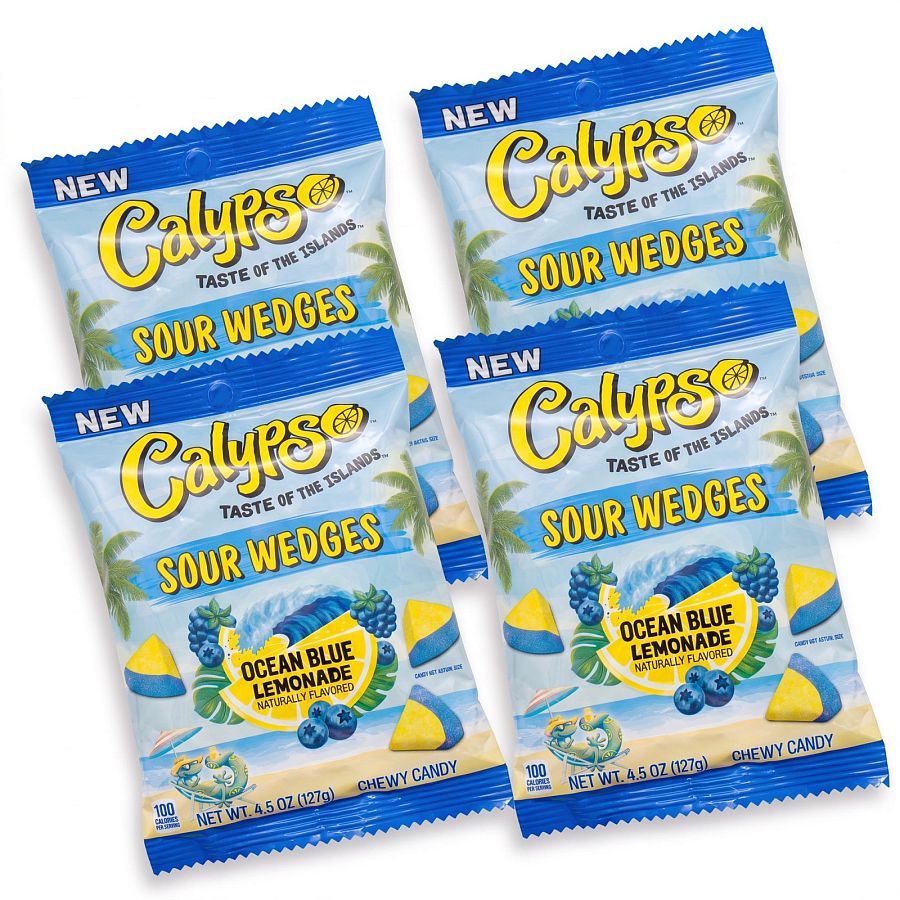 Calypso Sour Wedges Chewy Candy, 4 Pack, Ocean Blue Lemonade - Specialty Snack by Calypso
