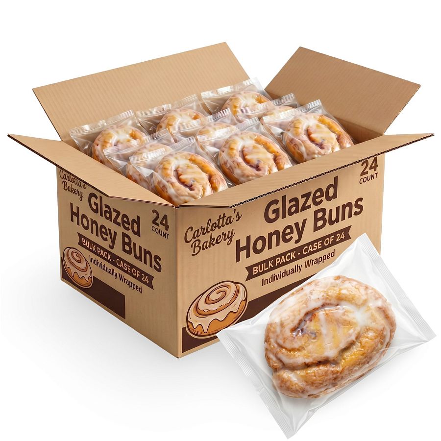 Carlotta's Bakery Glazed Honey Buns 24 Count, Individually Wrapped Sweet Cinnamon Swirl Pastries - Specialty Snack by Carlotta's Bakery