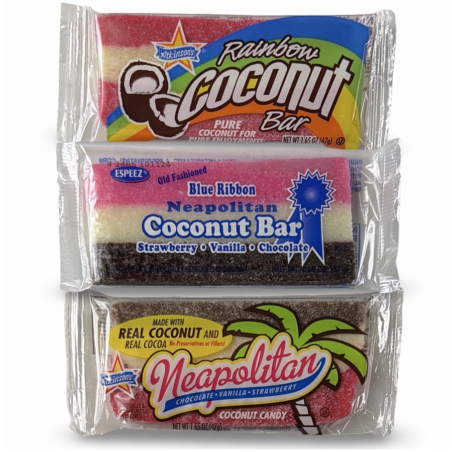Coconut Bar Variety Pack – 18 Count | Atkinson’s Neapolitan, Espeez Neapolitan & Atkinson’s Rainbow Bars - Specialty Snack by Atkinson's