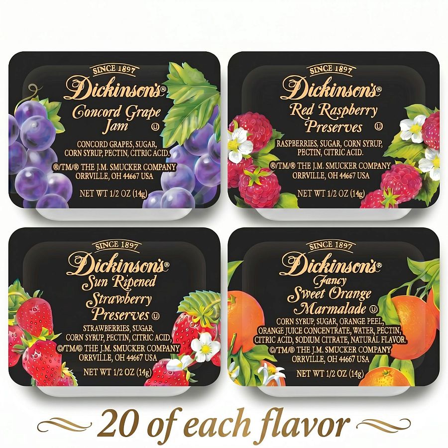 Dickinson's Jam Variety Pack 80 Count, 4 Flavors Jam, Marmalade and Preserves Assortment - Specialty Snack by Dickinson's