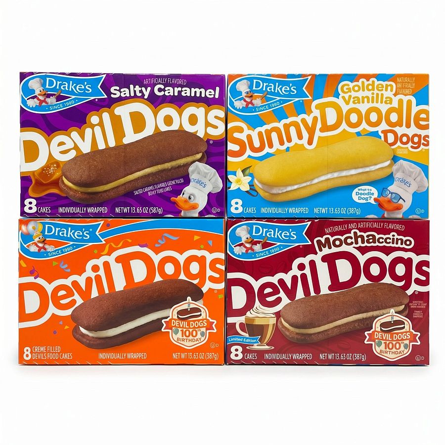 Drake's Devil Dogs Ultimate Variety Pack, Original, Salted Caramel, Mochaccino & Sunny Doodle, 4 Boxes, 32 Cakes - Specialty Snack by Drake's