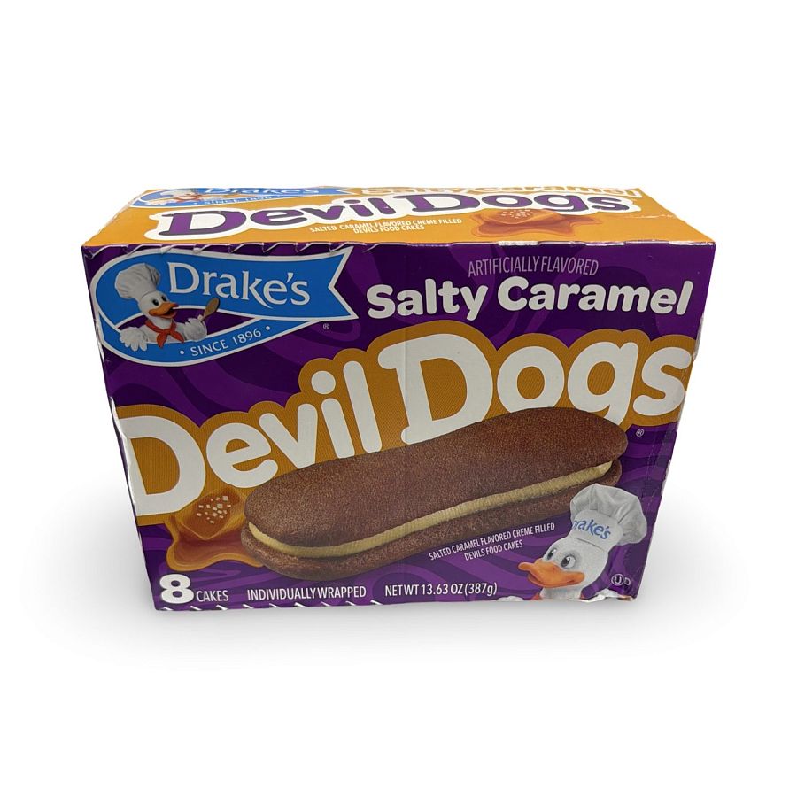Drakes Snack Cakes Multipack Box, Creme Filled Salted Caramel Devil Dogs, 8 Count Box - Specialty Snack by Drake's