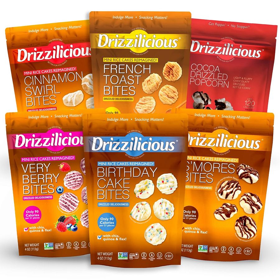 Drizzilicious Mini Rice Cake Bites 6 Flavor Variety Pack: Birthday, Cinnamon, French Toast, Popcorn, S'mores and Very Berry - Specialty Snack by Drizzilicious