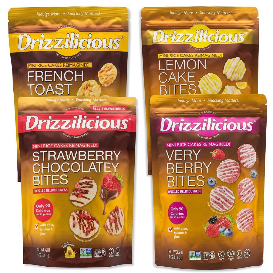 Drizzilicious Mini Rice Cake Bites Variety Pack, Chocolate Strawberry, Birthday Cake, French Toast & Lemon Cake Drizzle, 4 Bags - Specialty Snack by Drizzilicious