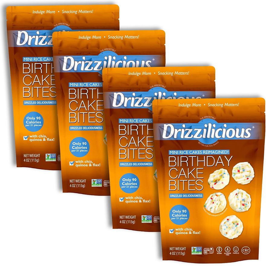 Drizzilicious Mini Rice Cake Bites, Birthday Cake | 4 Bags - Specialty Snack by Drizzilicious