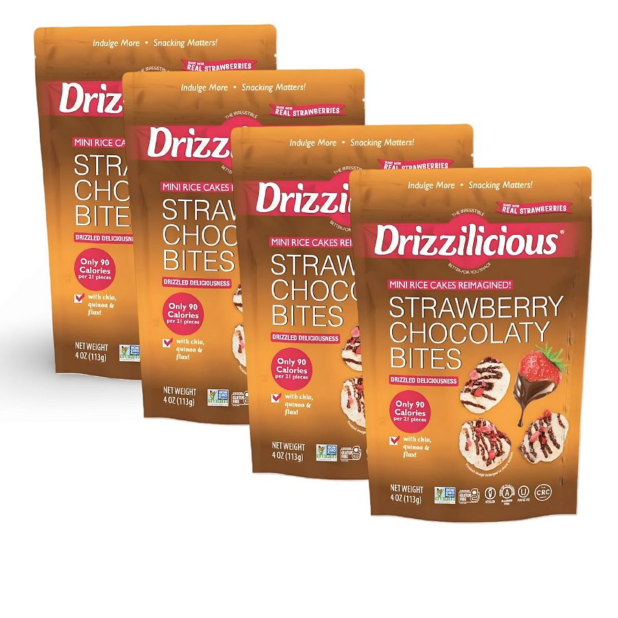 Drizzilicious Mini Rice Cake Bites – Chocolate Strawberry Flavor | 4 Bag Pack - Specialty Snack by Drizzilicious