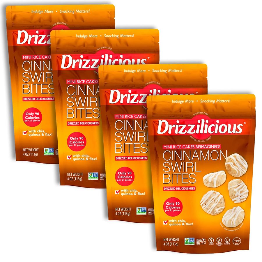 Drizzilicious Mini Rice Cake Bites, Cinnamon Swirl | 4 Bags - Specialty Snack by Drizzilicious