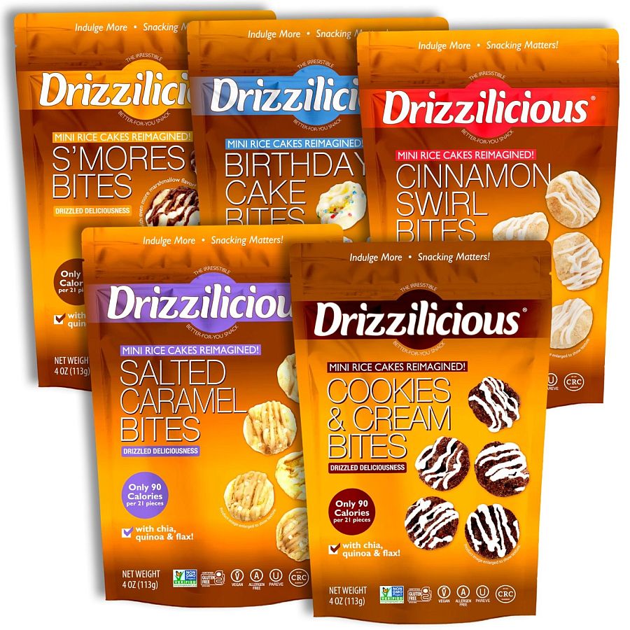 Drizzilicious Mini Rice Cake Bites Variety Pack | 4 Ounce Bag | Birthday Cake, Cinnamon Swirl, Cookies & Cream, S'mores, Salted Caramel | Pack of 5 - Specialty Snack by Drizzilicious