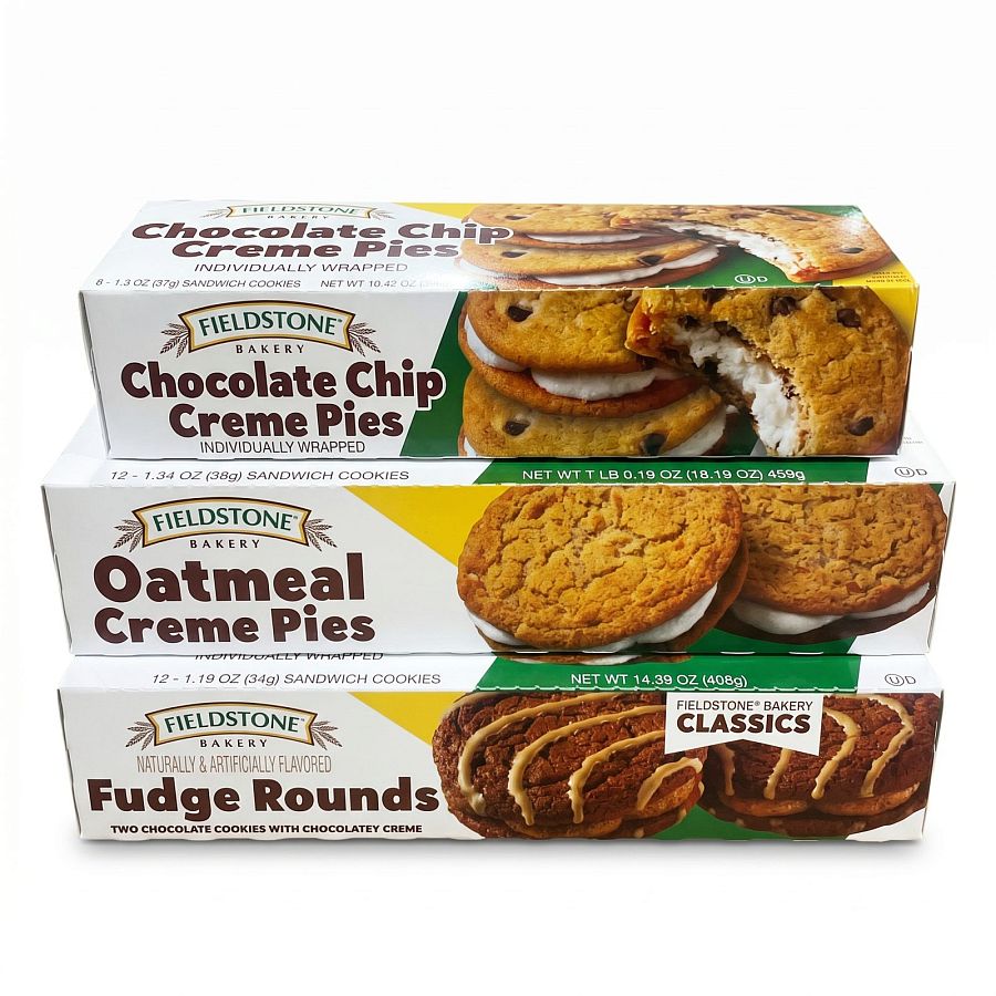 Fieldstone Bakery Variety Pack, Cream Pies | Chocolate Chip, Oatmeal & Fudge Round - Specialty Snack by Fieldstone Bakery