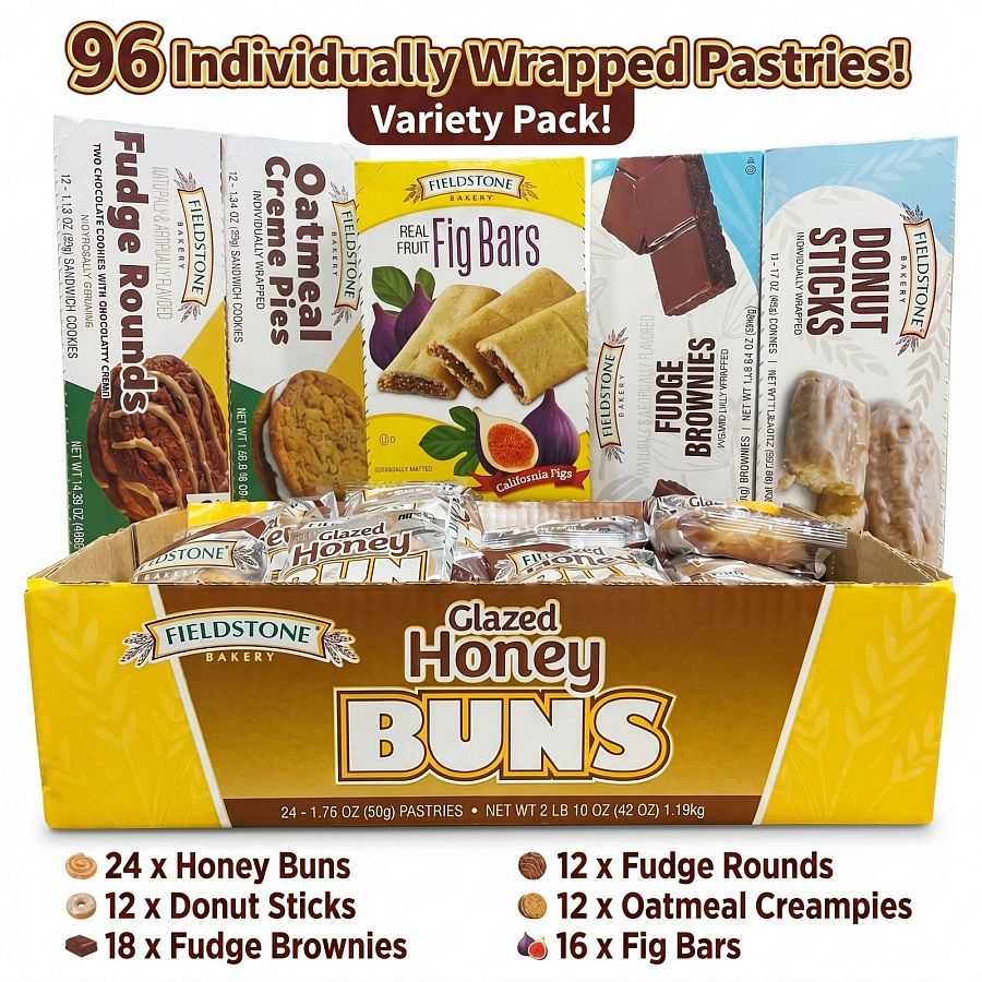 Fieldstone Bakery Variety Pack, Ultimate Assortment | Glazed Honey Buns, Donut Sticks, Fig Bars, Fudge Brownies, Oatmeal Cream Pies, Fudge Rounds - Specialty Snack by Fieldstone Bakery
