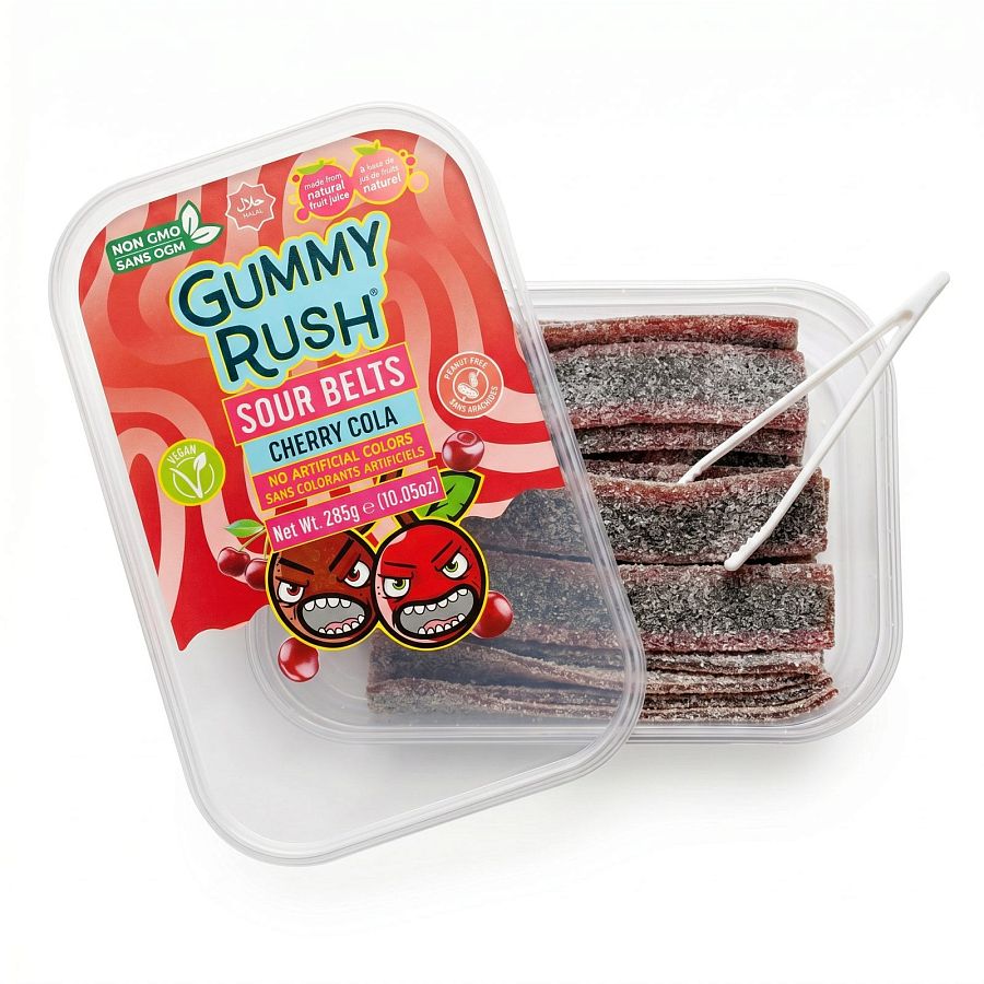 Gummy Rush Sour Belts, 10oz Container, Non GMO, Real Fruit Juice, No Artificial Colors, Top 6 Allergen Free | Cherry Cola - Specialty Snack by Gummy Rush