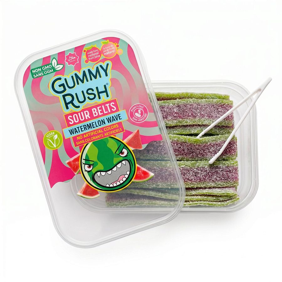 Gummy Rush Sour Belts, 10oz Container, Non GMO, Real Fruit Juice, No Artificial Colors, Top 6 Allergen Free | Watermelon Wave - Specialty Snack by Gummy Rush