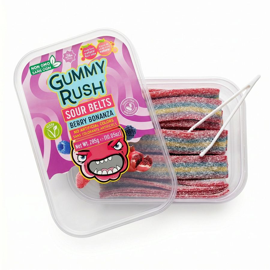 Gummy Rush Sour Belts, 10oz Container, Non GMO, Real Fruit Juice, No Artificial Colors, Top 6 Allergen Free | Berry Bonanza - Specialty Snack by Gummy Rush