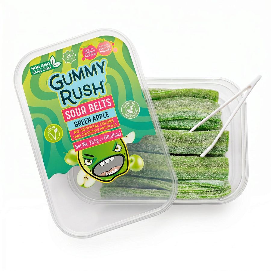 Gummy Rush Sour Belts, 10oz Container, Non GMO, Real Fruit Juice, No Artificial Colors, Top 6 Allergen Free | Green Apple - Specialty Snack by Gummy Rush