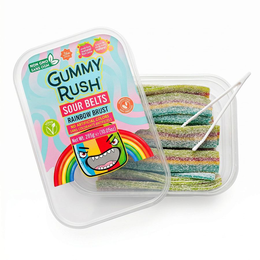 Gummy Rush Sour Belts, 10oz Container, Non GMO, Real Fruit Juice, No Artificial Colors, Top 6 Allergen Free | Rainbow Burst - Specialty Snack by Gummy Rush