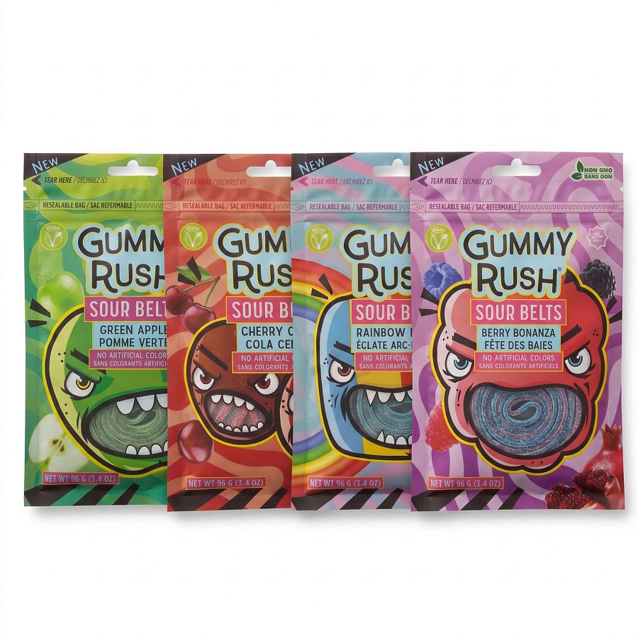 Gummy Rush Sour Belts, 3.4oz Bag, Bold & Classic Variety | Rainbow, Berry Bonanza, Green Apple, Cherry Cola - Specialty Snack by Gummy Rush