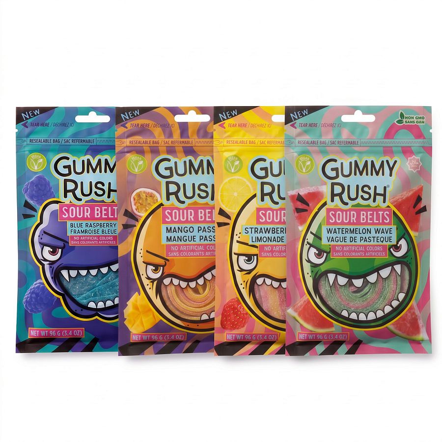 Gummy Rush Sour Belts, 3.4oz Bag, Fruit Favorites | Strawberry Lemonade, Mango Passion, Blue Raspberry, Watermelon Wave - Specialty Snack by Gummy Rush
