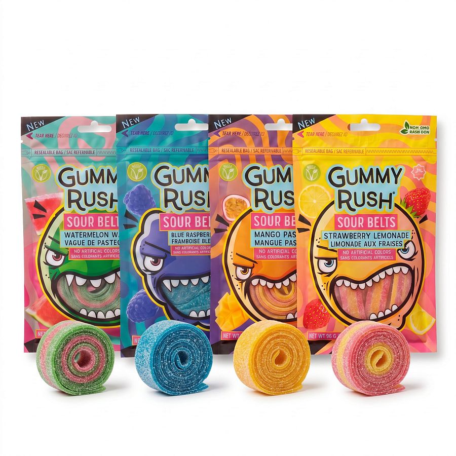 Gummy Rush Sour Belts, 3.4oz Bag, Non GMO, Real Fruit Juice, No Artifical Colors, Top 6 Allergen Free | Choose Your Flavor - Specialty Snack by Gummy Rush