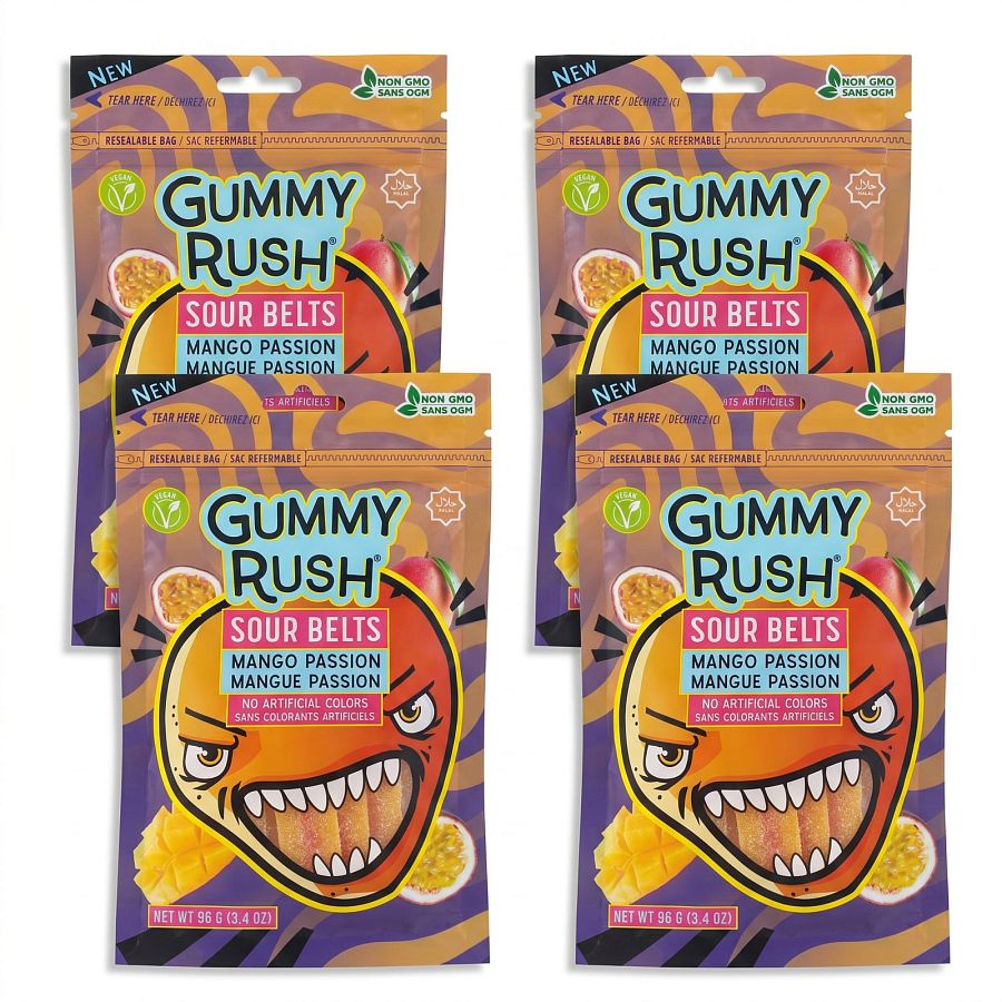Gummy Rush Sour Belts, 3.4oz Bag, Non GMO, Real Fruit Juice, No Artificial Colors, Top 6 Allergen Free | Mango Passion - Specialty Snack by Gummy Rush
