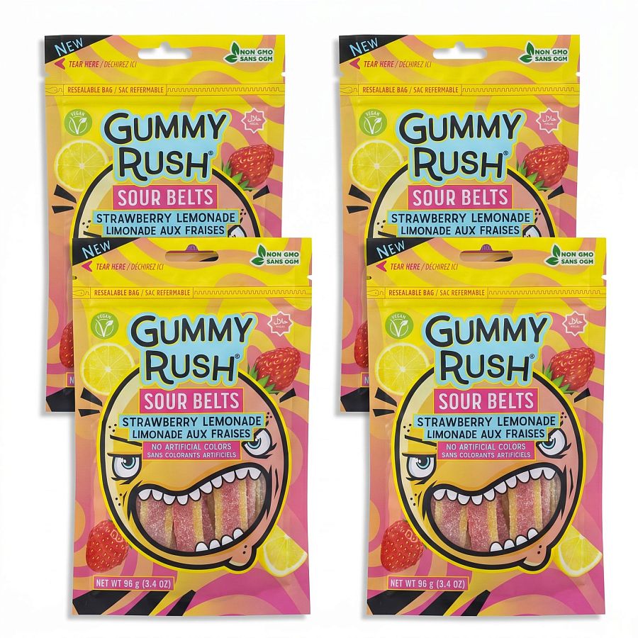 Gummy Rush Sour Belts, 3.4oz Bag, Non GMO, Real Fruit Juice, No Artificial Colors, Top 6 Allergen Free | Strawberry Lemonade - Specialty Snack by Gummy Rush