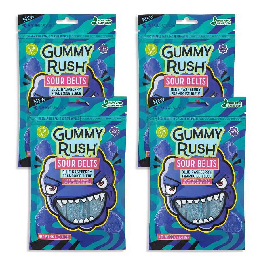 Gummy Rush Sour Belts, 3.4oz Bag, Non GMO, Real Fruit Juice, No Artificial Colors, Top 6 Allergen Free | Blue Raspberry - Specialty Snack by Gummy Rush