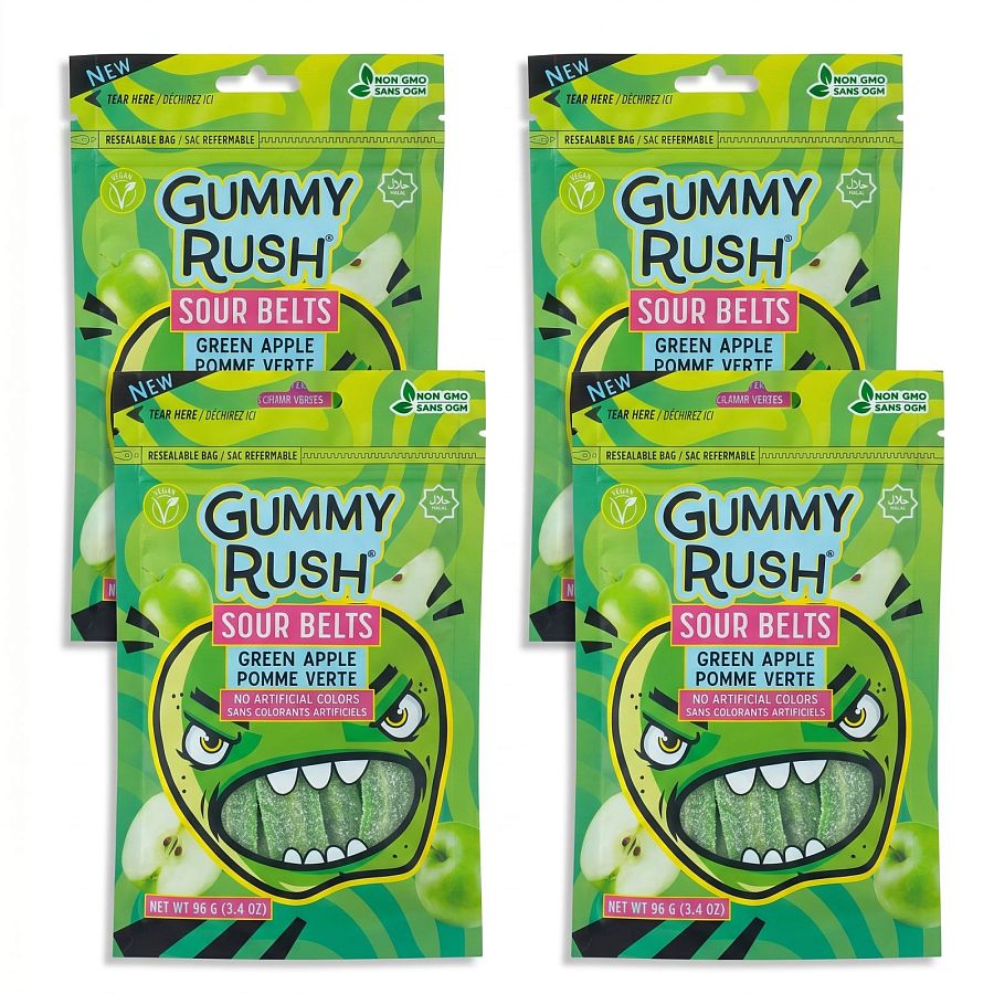 Gummy Rush Sour Belts, 3.4oz Bag, Non GMO, Real Fruit Juice, No Artificial Colors, Top 6 Allergen Free | Green Apple - Specialty Snack by Gummy Rush
