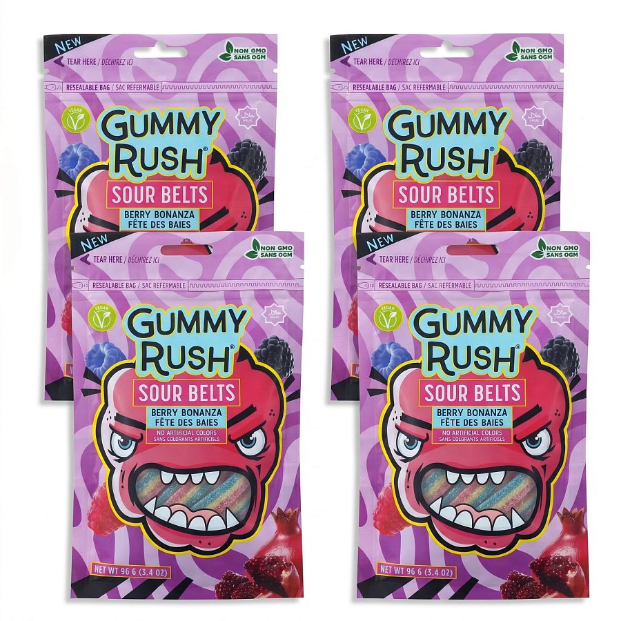 Gummy Rush Sour Belts, 3.4oz Bag, Non GMO, Real Fruit Juice, No Artificial Colors, Top 6 Allergen Free | Berry Bonanza - Specialty Snack by Gummy Rush