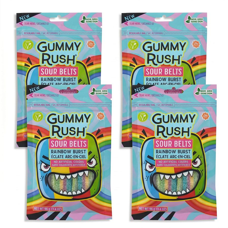 Gummy Rush Sour Belts, 3.4oz Bag, Non GMO, Real Fruit Juice, No Artificial Colors, Top 6 Allergen Free | Rainbow Burst - Specialty Snack by Gummy Rush