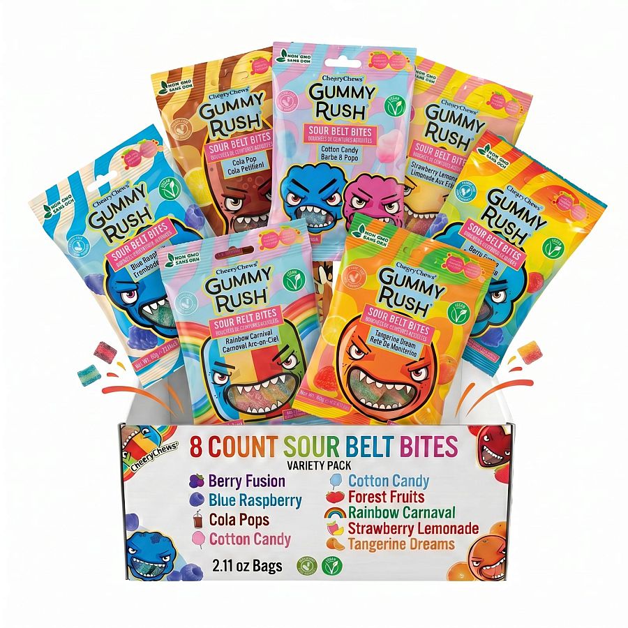 Gummy Rush Sour Belts Variety Pack | 8 Unique Flavors, Non GMO, Real Fruit Juice | Cola Pops, Strawberry Lemonade, Tangerine Dreams & More - Specialty Snack by Gummy Rush