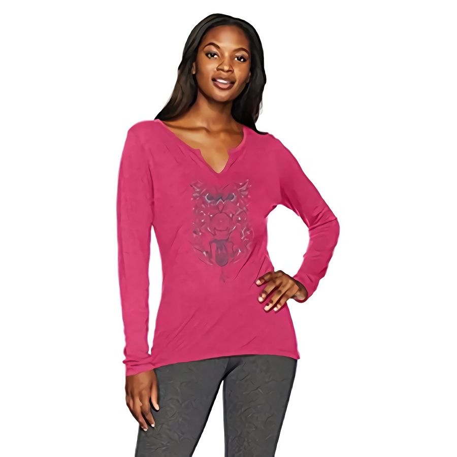 Hanes Women's Split Neck Graphic Long Sleeve Tee, Glitter owl/deep Raspberry Heather, Small - Specialty Snack by Hanes