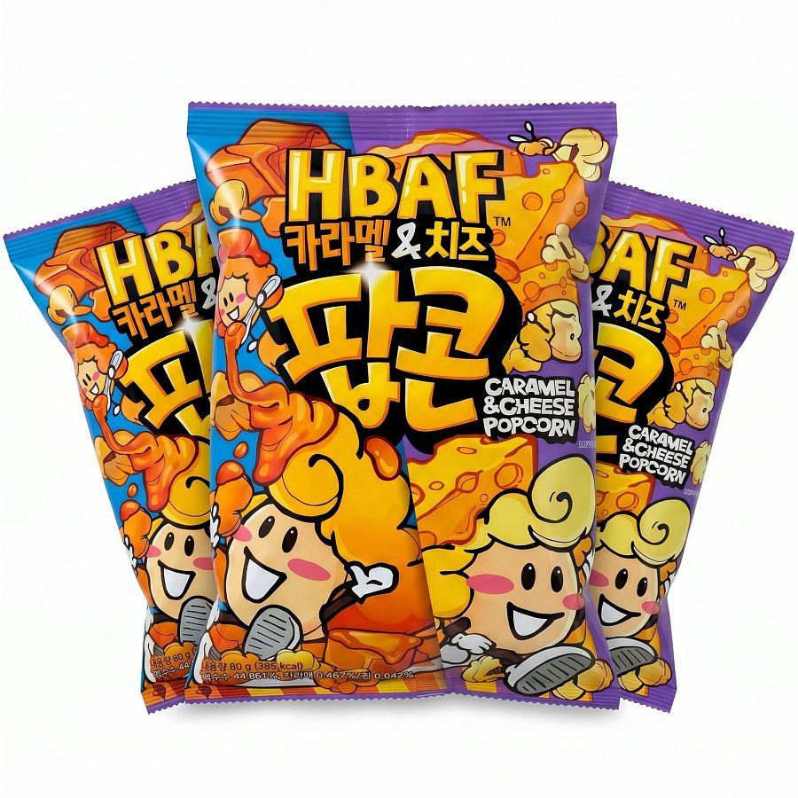 HBAF Korean Imported Exotic Popcorn,  3 Pack | Caramel & Cheese - Specialty Snack by HBAF
