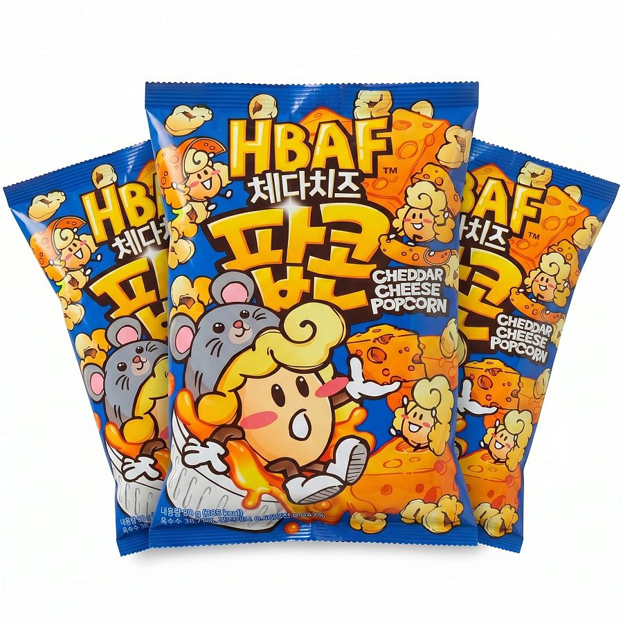 HBAF Korean Imported Exotic Popcorn,  3 Pack | Cheddar Cheese - Specialty Snack by HBAF